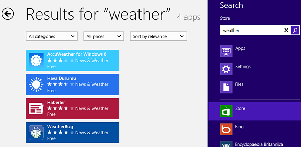 Search Windows 8 Store for weather apps using Search Charm