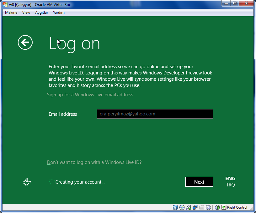 creating Windows Live ID to use in Windows 8 logon task