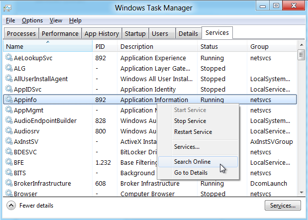 Services in Windows Task Management tool