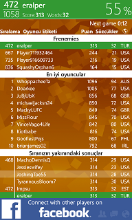 Wordament Windows 8 game rank and frenemies