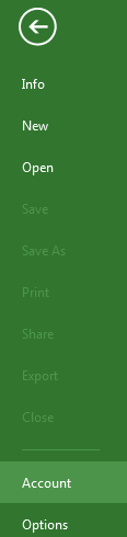 Microsoft Office 2013 Account menu on side bar