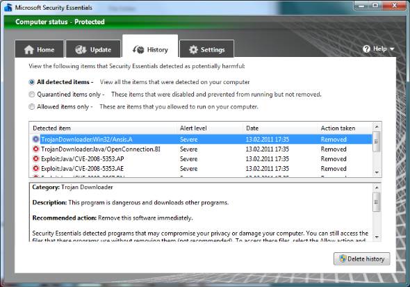 Microsoft Security Essentials alert review