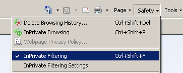 in-private filtering settings on safety menu on ie8