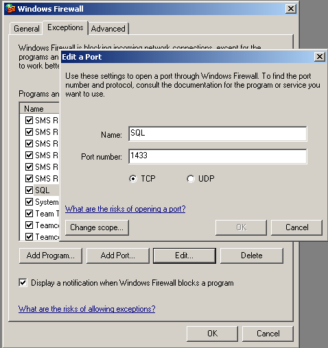 windows firewall configuration for sql server at port 1433