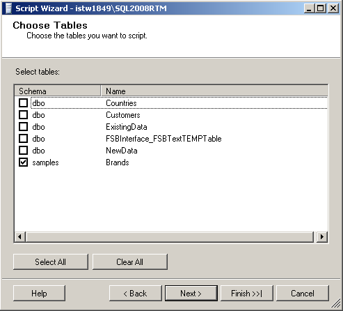 choose sql server tables to script its data