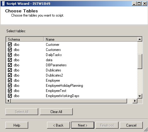 sql script database tables