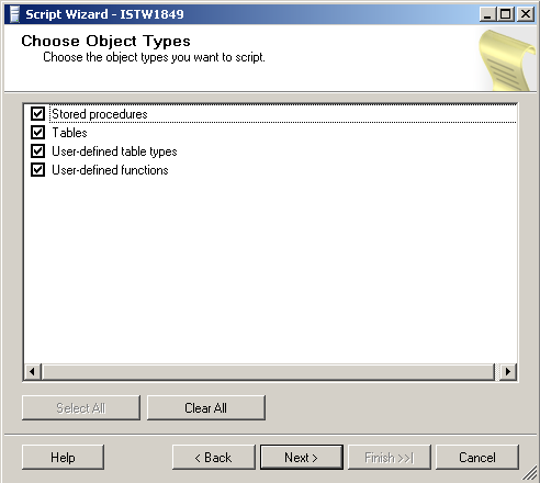 choose sql server 2008 object types for database script