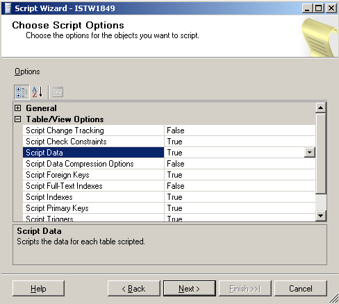 sql server script database options