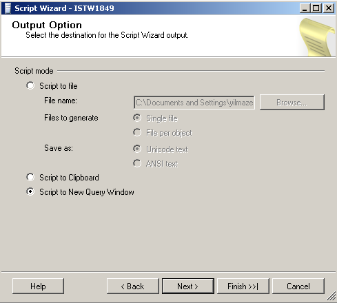 sql server script wizard output options