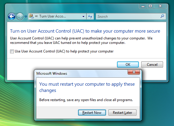 cómo cambiar la configuración de uac que aparece en Windows Vista