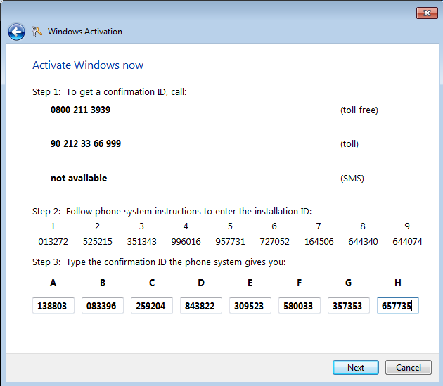 Windows 7 activation installation id and confirmation id