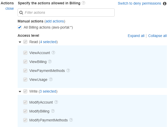 all billing actions in read and write access level