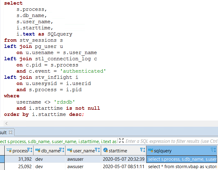 SQL query to display active sessions on Amazon Redshift database