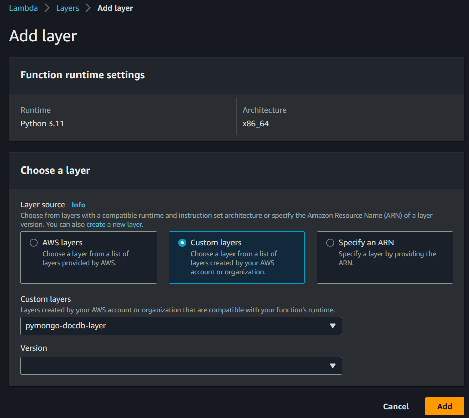 AWS Lambda Layer to connect Amazon DocumentDB database