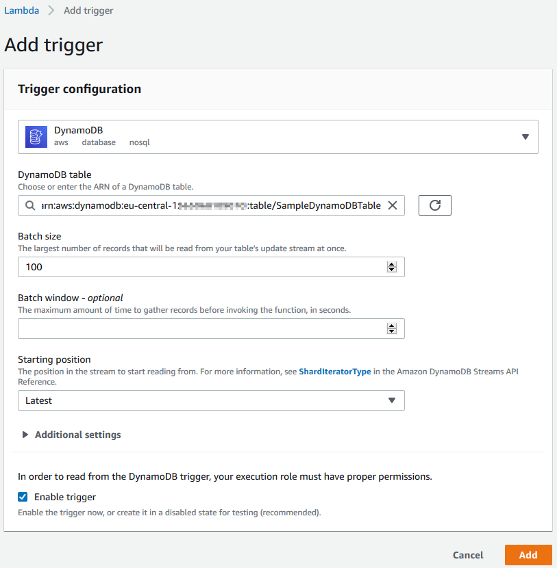 add DynamoDB trigger to AWS Lambda function