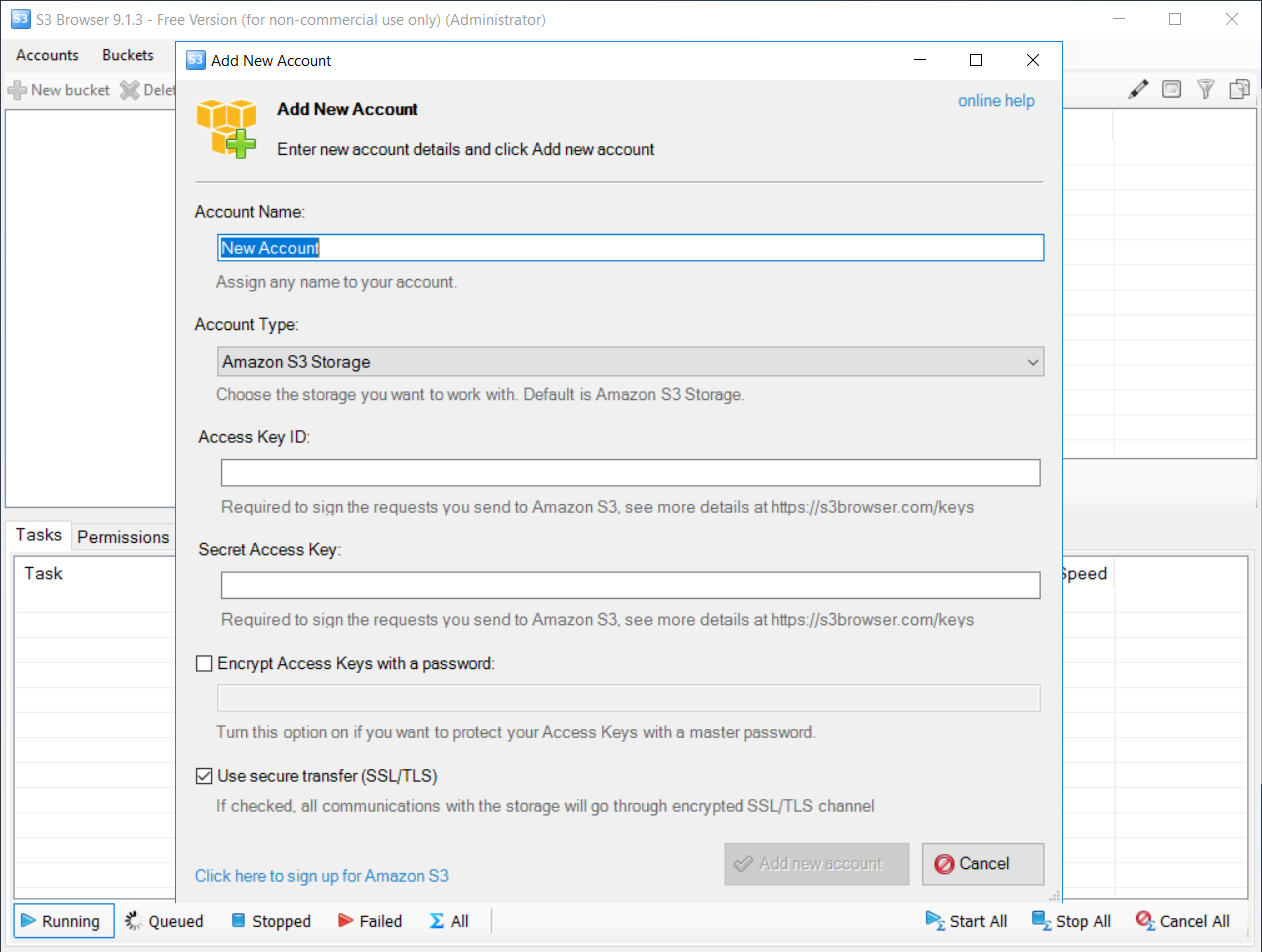 add new account on S3 Browser tool for accessing your Amazon S3 buckets