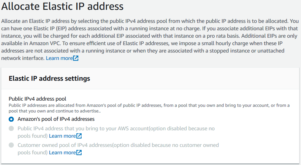 allocate elastic IP address from Amazon's pool of IPv4 addresses