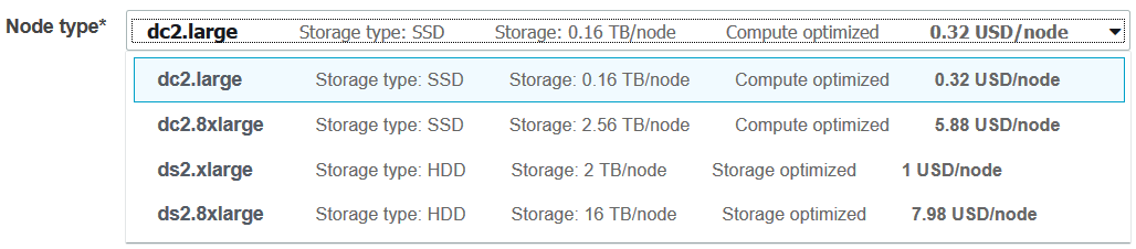 Amazon Redshift Cluster node types