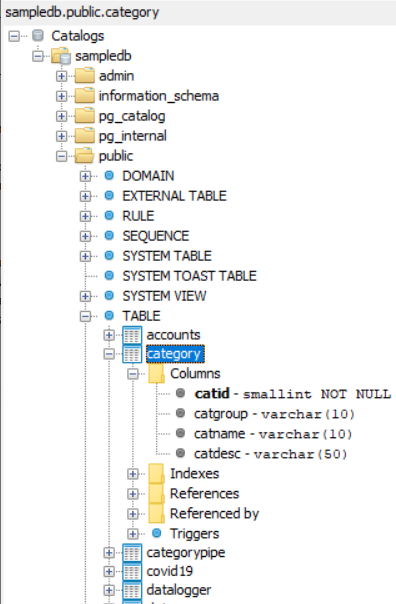 list of Amazon Redshift database table columns