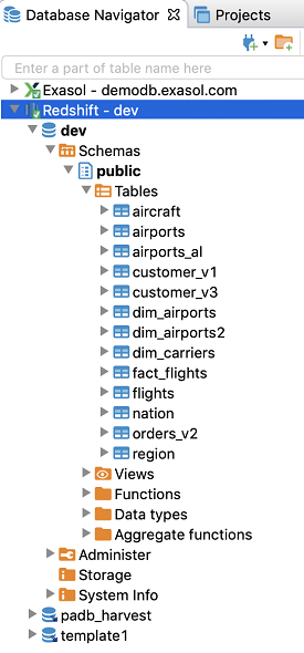 Amazon Redshift database objects in DBeaver Database Navigator