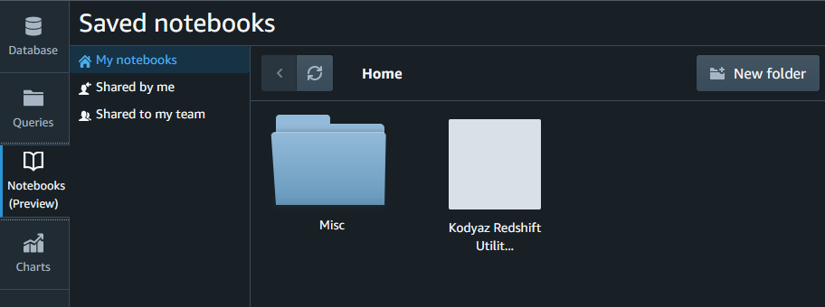 Redshift SQL Notebook folders and files