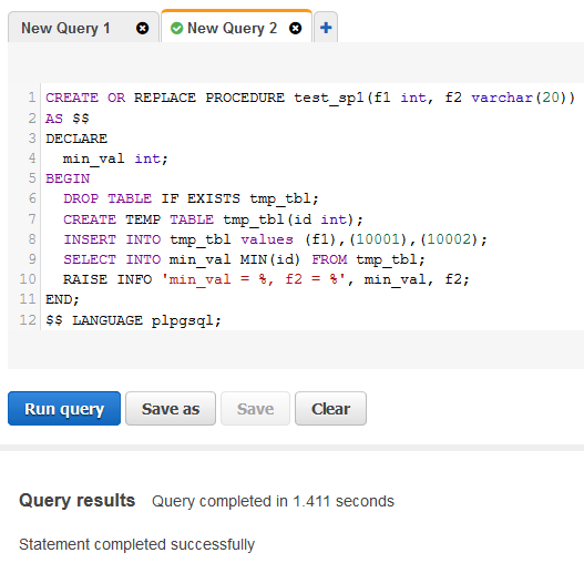 create procedure on Amazon Redshift database using Query Editor