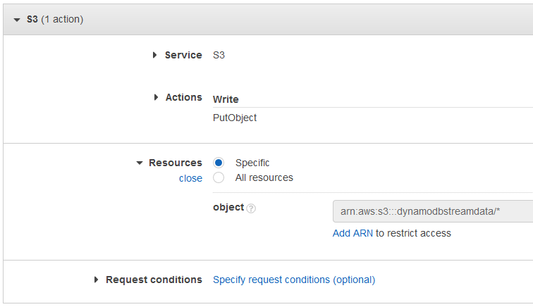 allow Lambda function to call PutObject for specific S3 bucket