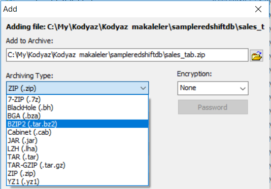 archiving type to compress text file for Amazon Redshift COPY command