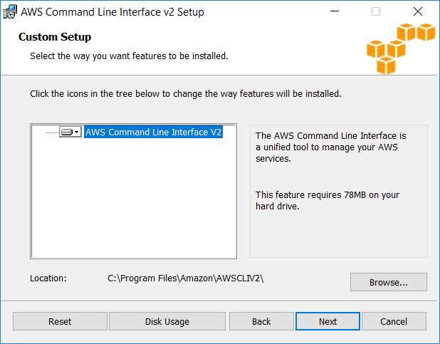 AWS CLI features and installation folder selection
