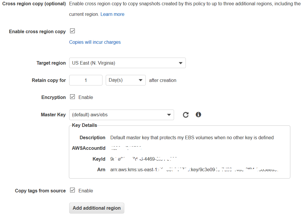 configure cross-region copy for snapshots created with lifecycle policy