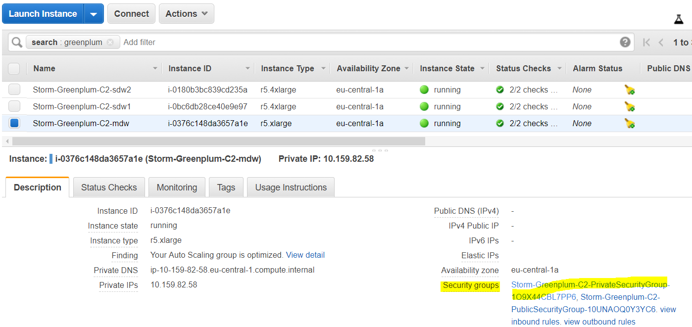 Pivotal Greenplum cluster nodes on AWS Management Console EC2 Dashboard