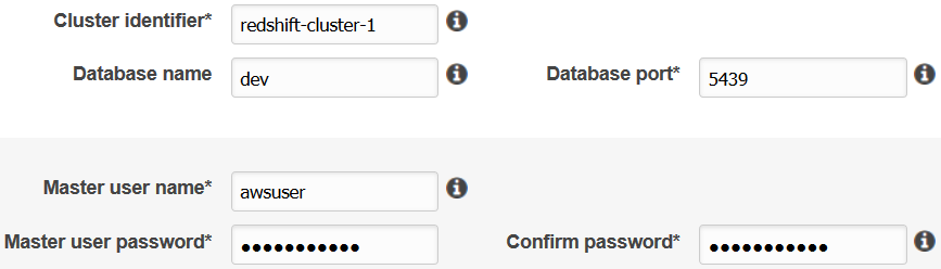 Redshift database identifier, master user and password