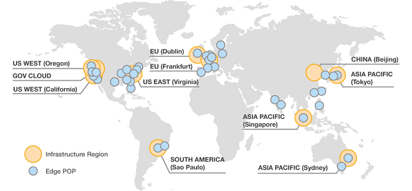 AWS Regions and Edge locations shown on the World map