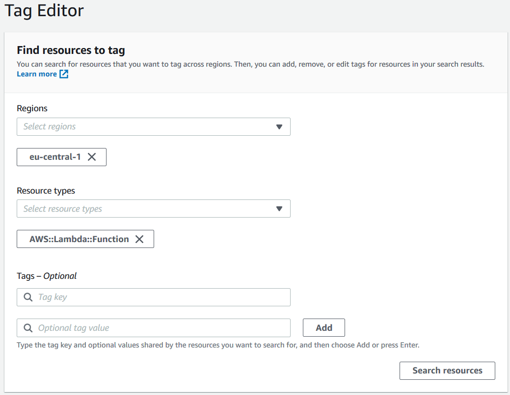 list AWS Lambda functions in a region using Tag Editor tool list AWS Lambda functions in a region using Tag Editor tool