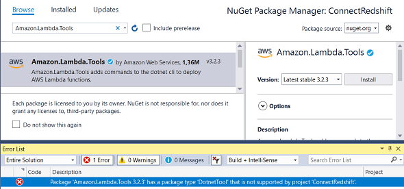 package has a type DotnetTool that is not supported by project