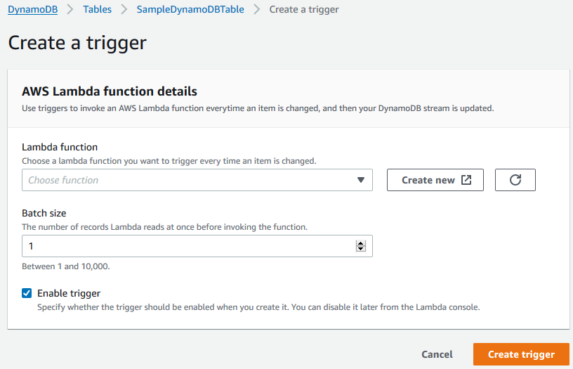 select AWS Lambda function for Amazon DynamoDB stream trigger