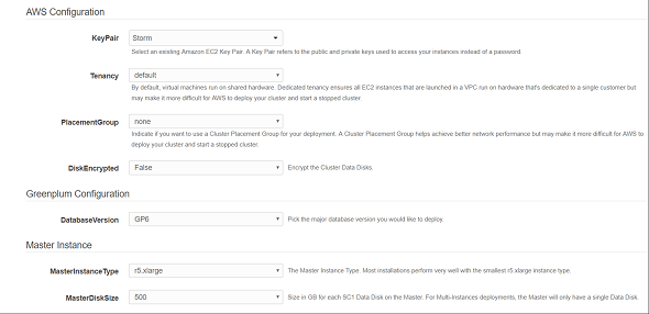 CloudFormation template parameters for Greenplum cluster