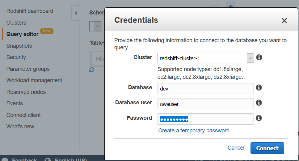 connect Redshift database using Query Editor