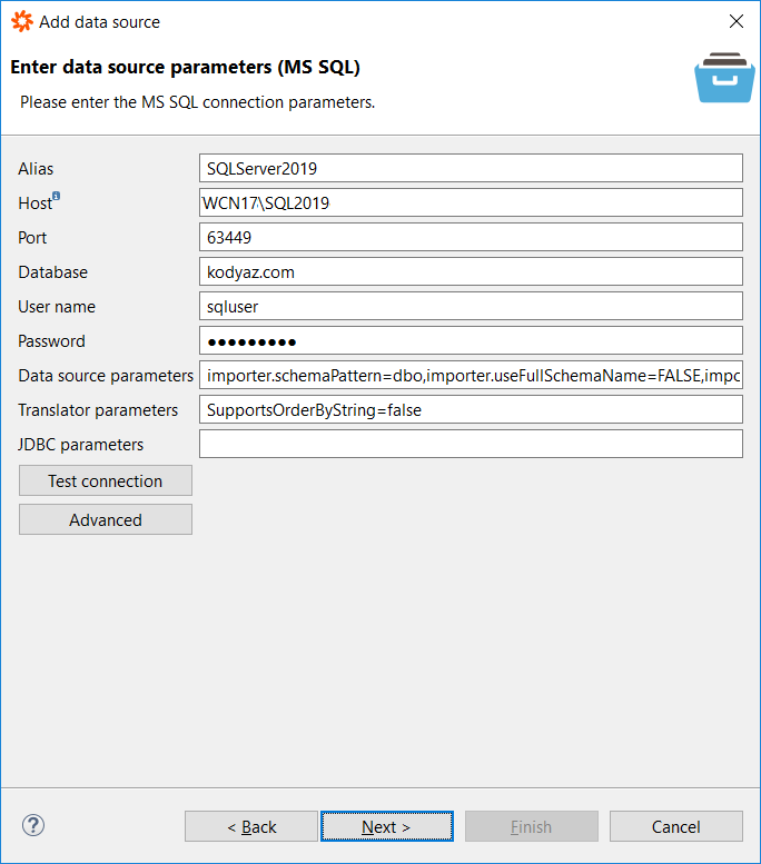 SQL Server connection parameters for Data Virtuality