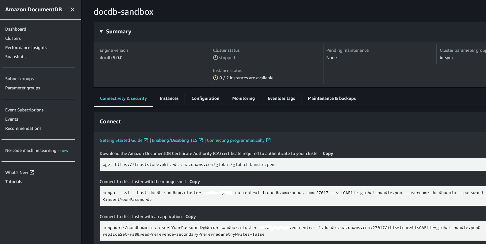 connection string for Amazon DocumentDB