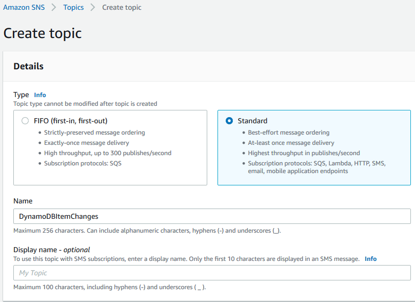 new Amazon SNS topic creation for DynamoDB stream trigger notifications