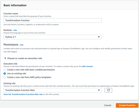 create AWS serverless Lambda function for Amazon Kinesis Firehose