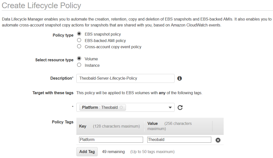 create lifecycle policy using Amazon Data Lifecycle Manager