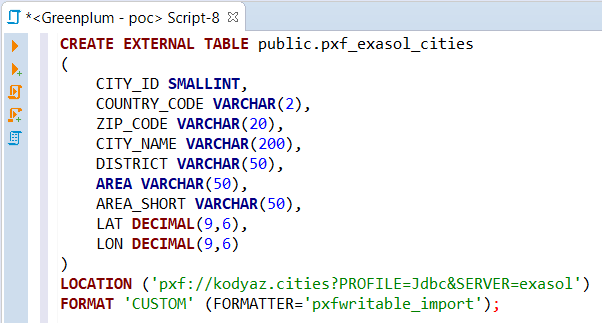 create external table on Greenplum for Exasol database access