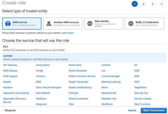 create role for AWS Lambda service on IAM dashboard