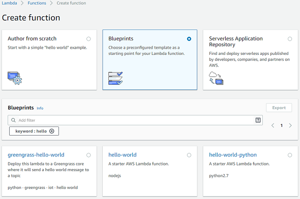 create AWS Lambda function using blueprint and Python