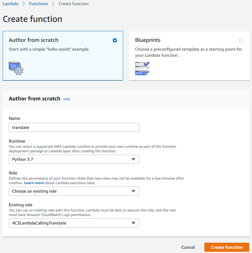 create Amazon Lambda function using Python