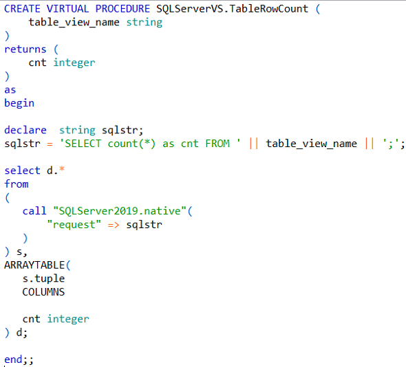 create procedure on Data Virtuality virtual schema