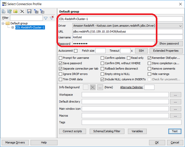 connection properties for Amazon Redshift database using JDBC driver