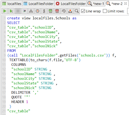 create view in virtual schema for Data Virtuality File Connector data source